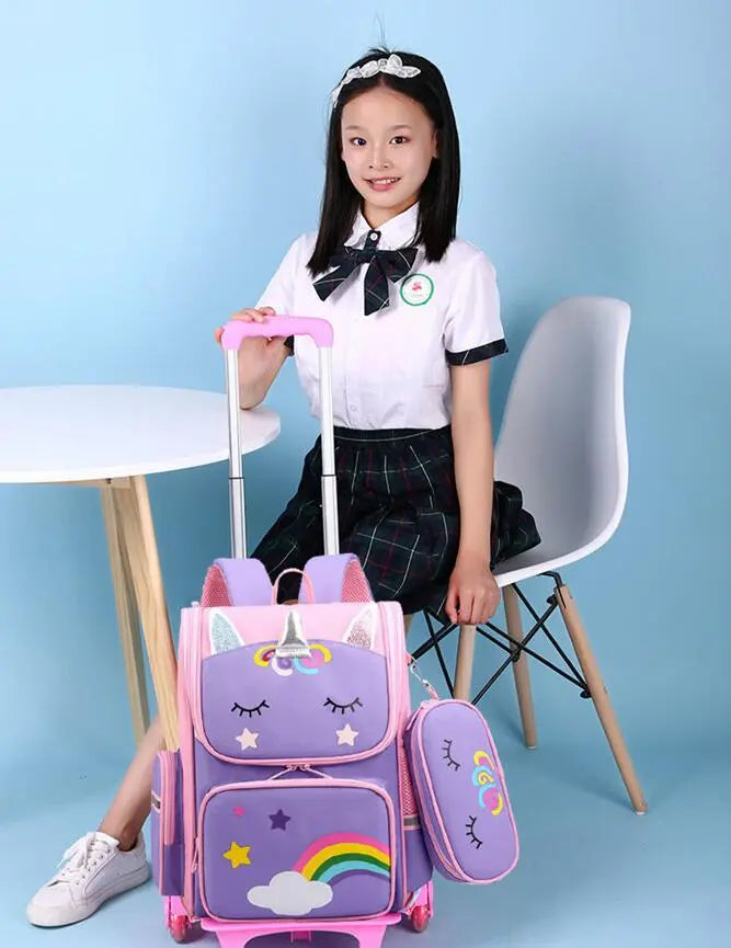 Mochila com Rodinhas Cartoon Unicorn School e Arstronauta com 2 e 6 Rodinhas