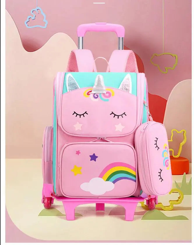 Mochila com Rodinhas Cartoon Unicorn School e Arstronauta com 2 e 6 Rodinhas