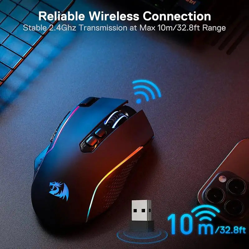 Redragon M810 Pro Wireless, 10000 DPI Wired Gamer Mouse 8 Botões