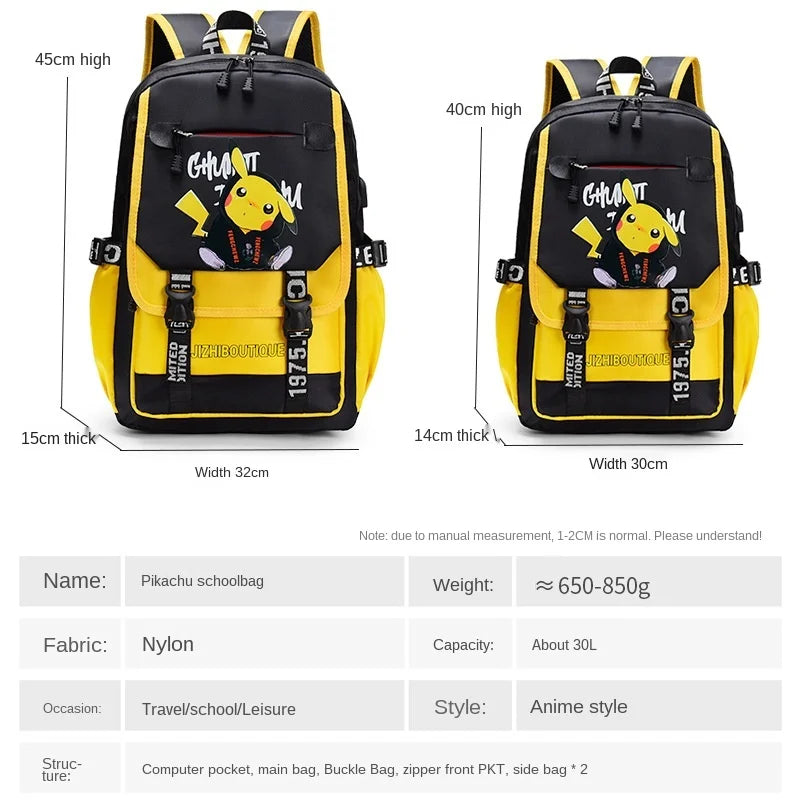 Mochila Pikachu Tamanho Grande com Entrada USB